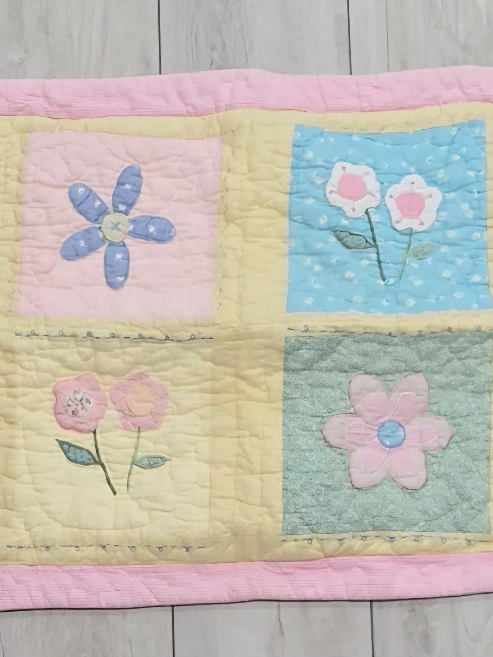 Pastel Floral Patchwork Baby Quilt - Pink, Yellow, Blue